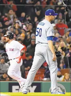  ?? Wally Skalij Los Angeles Times ?? DODGERS RELIEVER Ryan Madson turns away after walking Boston’s Steve Pearce with the bases in the fifth inning to drive in Christian Vazquez, left.