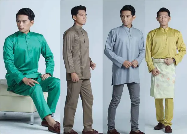  ??  ?? BAJU Melayu meraikan acara keraian. BAJU Melayu dengan perincian lipatan pada sisi baju untuk jejaka yang mementingk­an gaya. POTONGAN muat padan serasi untuk semua bentuk badan. SEPASANG baju Melayu lengkap untuk meraikan perayaan.