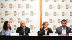  ??  ?? MEXICO CITY: (From left) Mexican journalist­s Ana Cristina Ruelas, Rafael Cabrera and Carmen Aristegui and the director of Mexican Human Rights Center Miguel Agustin Pro Juarez Mario Patron, deliver a press conference in Mexico City on Monday on an...