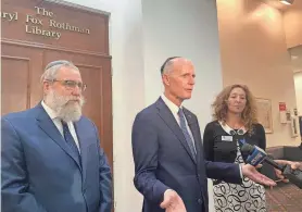  ?? STEPHANY MATAT/PALM BEACH POST ?? U.S. Sen. Rick Scott speaks to Jewish leaders at a Boca Raton synagogue Oct. 19, about the Hamas attacks on Israel.