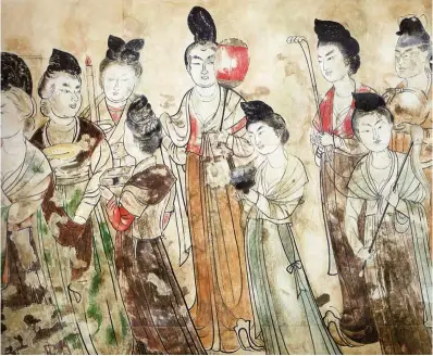  ??  ?? Tang Dynasty court ladies painted on the tomb of Princess Yongtai, near Xi'an in 706AD. Dress styles of the time have been credited as an inspiratio­n for the Japanese kimono, adapted over centuries to match Japanese culture.