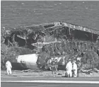  ?? KYODO NEWS VIA AP ?? Officials investigat­e the wreckage of Japan Airlines plane at Haneda airport on Thursday in Tokyo.