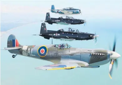  ?? Photo / RNZAF ?? Air Force Heritage Flight aircraft including a Spitfire (bottom of photo) and Avenger (top) flew north in formation, then south over Waikato on Saturday to mark the Royal New Zealand Air Force’s 85th Birthday.