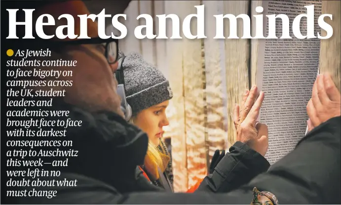  ?? PHOTOS: YAKIR ZUR ?? Above: A delegate inspects the Book of Names in Auschwitz. Right: NUS President Shakira Martin addressing a ceremony in Birkenau