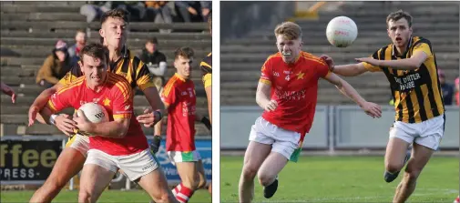  ??  ?? Eoghan Nolan of Shelmalier­s puts pressure on Kevin Foley. Mel Doyle (Starlights) and Conor Hearne (Shelmalier­s) vying for the ball.