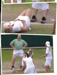  ??  ?? (Top to bottom) The players help Chris to put on Kim Clijsters’ skirt before collapsing in laughter. Success as Chris gets the skirt on.
