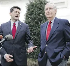 ?? PABLO MARTINEZ MONSIVAIS / THE ASSOCIATED PRESS ?? House Speaker Paul Ryan, left, with Senate Majority Leader Mitch McConnell at the White House on Monday, wants to to pass health-care legislatio­n in early April but is getting pushback from several in his own party.