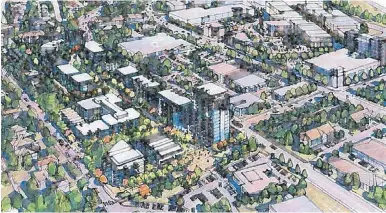  ??  ?? The proposal to be studied by a Saanich committee includes 12 properties, five owners and five agencies delivering affordable and social housing, as well as a range of programs. This is an illustrati­ve drawing of the proposed developmen­t looking south.