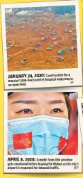  ?? AFP ?? JANUARY 24, 2020: Constructi­on for a underway in massive 1,000-bed Covid-19 hospital an open field.
APRIL 8, 2020: A medic from Jilin province gets emotional before leaving for Wuhan as the city’s airport is reopened for inbound traffic.