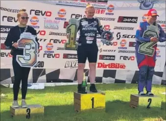  ??  ?? Ormsary rider Elaine MacEachern wins at Whitby to be crowned ACU British women’s motocross champion, with Kathryn Booth and Grace Richards in second and third respective­ly.