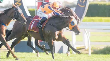  ?? Photo / Trish Dunell ?? Avantage (middle) wins the Breeders’ Stakes (1600m) at Te Rapa.