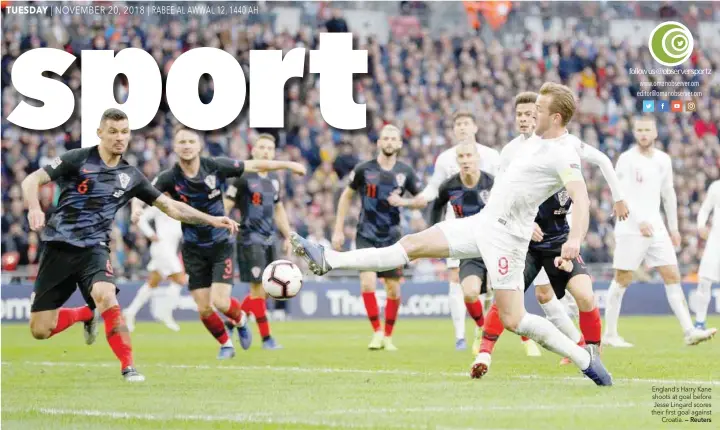  ?? — Reuters ?? England’s Harry Kane shoots at goal before Jesse Lingard scores their first goal against Croatia.