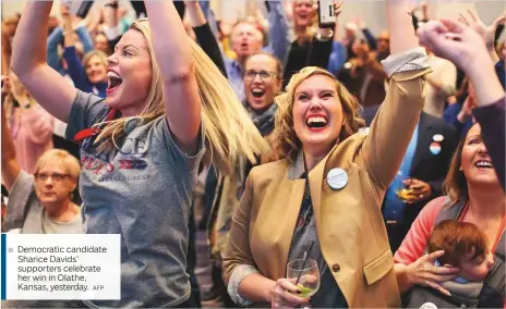  ?? AFP ?? Democratic candidate ■ Sharice Davids’ supporters celebrate her win in Olathe, Kansas, yesterday.