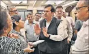  ?? ANSHUMAN POYREKAR ?? During his campaign trail, BJP leader Mangal Prabhat Lodha interacts with the residents of Warden Court Society in Tardeo on Friday.