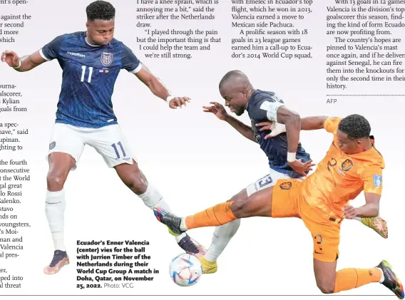  ?? Photo: VCG ?? Ecuador’s Enner Valencia (center) vies for the ball with Jurrien Timber of the Netherland­s during their World Cup Group A match in Doha, Qatar, on November 25, 2022.