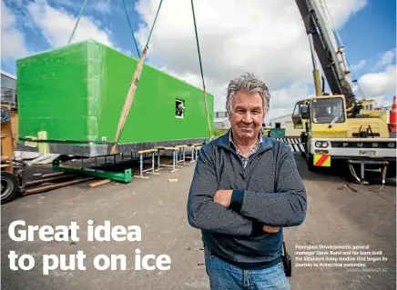  ?? DAVID UNWIN/STUFF. ?? Fibreglass Developmen­ts workers put the finishing touches on the bunk room in the big green box.
Fibreglass Developmen­ts general manager Steve Bond and his team built the insulated living module that began its journey to Antarctica yesterday.