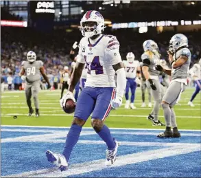  ?? Nic Antaya / Getty Images ?? The Buffalo Bills’ Stefon Diggs celebrates after scoring a touchdown against the Detroit Lions during the fourth quarter Thursday at Ford Field in Detroit.