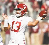  ?? Rogelio V. Solis / Associated Press ?? Alabama quarterbac­k Tua Tagovailoa throws a pass against Mississipp­i State on Saturday in Starkville, Miss.