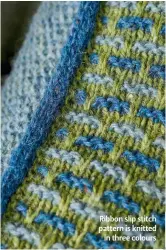  ??  ?? Ribbon slip stitch pattern is knitted in three colours