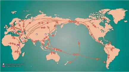  ??  ?? This maps shows the out-of-Africa migration of humans and our eventual arrival in Aotearoa.