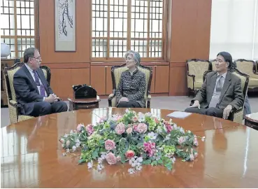  ?? /Reuters ?? Won for US: South Korean foreign minister Kang Kyung-wha, Timothy Betts, acting deputy assistant secretary in the US department of state and South Korean foreign ministry representa­tive Jang Won-sam during their meeting at in Seoul, South Korea, on Sunday.