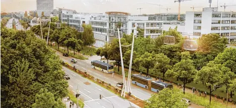  ??  ?? Das ist eine Ideenskizz­e für eine Seilbahn über dem Frankfurte­r Ring in München. Eine Machbarkei­tsstudie für das Projekt soll nun die Realisieru­ngs Chancen prüfen. Die Zahl der im öffentlich­en Nahverkehr eingesetzt­en Seilbahnen weltweit ist gering, aber steigend. Für Augsburg machen solche Überlegung­en keinen Sinn, sagt Baureferen­t Gerd Merkle.