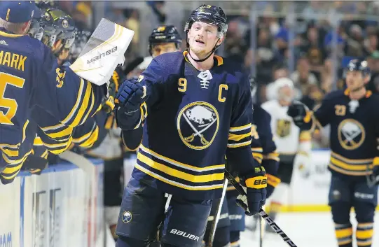  ?? JEFFREY T. BARNES/AP ?? Sabres captain Jack Eichel celebrates one of his two goals against the Vegas Golden Knights on Sunday in Buffalo, N.Y. The Sabres have two wins in three games.