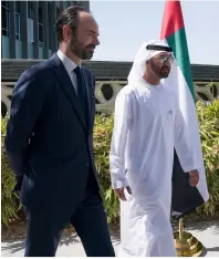  ?? Wam photos ?? Sheikh Mohamed bin Zayed receives Edouard Philippe before their meeting in Abu Dhabi on Saturday. —