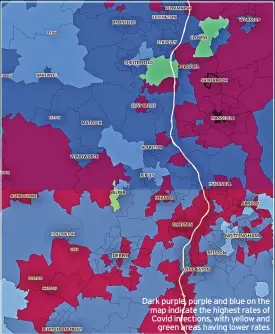  ??  ?? Dark purple, purple and blue on the map indicate the highest rates of Covid infections, with yellow and green areas having lower rates