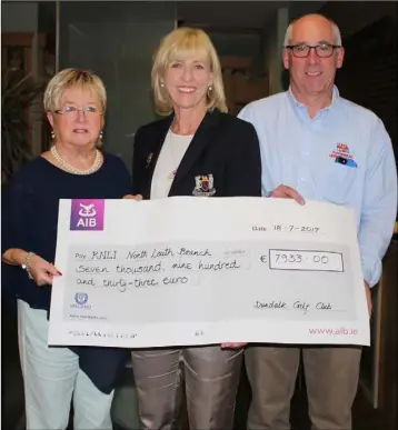  ??  ?? Pat McGinn and Kate Smith on behalf of the RNLI accept €7,933 from Dundalk Lady Captain Maeve