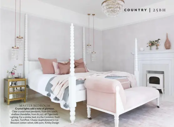  ??  ?? MASTER BEDROOM Crystal lights add a note of glamour.
Clear crystal maxi pendants, from £617 each; shallow chandelier, from £2,251, all Tigermoth Lighting. For a similar bed, try the Coniston, from £4,690, Turnpost. Chaise reupholste­red in Ice Blossom cotton velvet, £86.50m, Kirkby Design