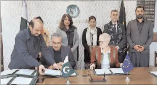  ?? -APP ?? ISLAMABAD
Dr. Kazim Niaz, Secretary Ministry of Economic Affairs and Dr. Riina Kionka, Ambassador of the European Union have signed agreements for three new developmen­t programmes with a funding of EUR87 million by the European Union.
