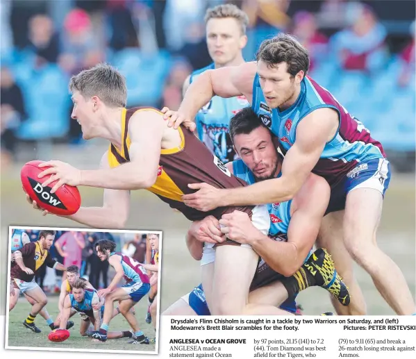  ??  ?? Drysdale’s Flinn Chisholm is caught in a tackle by two Warriors on Saturday, and (left) Modewarre’s Brett Blair scrambles for the footy. Pictures: PETER RISTEVSKI