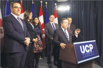  ?? CP PHOTO JASON FRANSON ?? UCP Leader Jason Kenney stands with his leadership team, from left, Jason Nixon, Angela Pitt, Leela Aheer, Ric McIver and Prab Gill, in October. Premier Rachel Notley says United Conservati­ve house leader Jason Nixon is, in her words, “deeply...