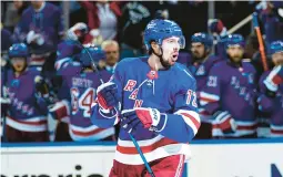  ?? FRANK FRANKLIN II/AP ?? Rangers’ Filip Chytil celebrates after scoring a goal against the Lightning during Game 1 of the Eastern Conference finals on Wednesday in New York.