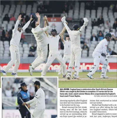  ??  ?? England leap in celebratio­n after South Africa’s Duanne Olivier was caught by Ben Stokes to complete a 3-1 series win for the home side. Inset, match-winner Moeen Ali is congratula­ted by England’s head coach Trevor Bayliss.