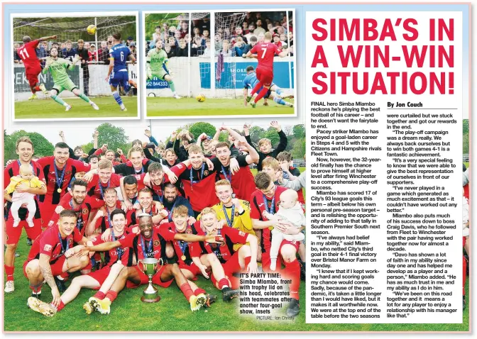  ?? PICTURE: Ian Christy ?? IT’S PARTY TIME: Simba Mlambo, front with trophy lid on his head, celebrates with teammates after another four-goal show, insets