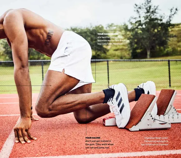  ?? ?? YOUR HAMSTRINGS are hard to target. Try isolation moves like machine leg curls (and Nordics!) YOUR CALVES don’t just get trained in the gym. They work when you run and jump, too
Olympian Noah Lyles’ hamstring strength is key to his sprint success