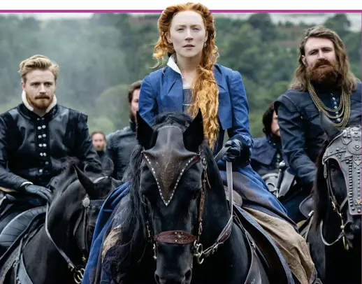  ??  ?? Riding for a fall: Mary (Saoirse Ronan) and Lord Darnley (Jack Lowden, left). Inset: Elizabeth I (Margot Robbie)