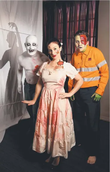  ??  ?? SHOCKING FUN: Andy Mack, Brooke Archer-Evans and Peter James from Cairns Dinner Theatre ready to scare at the Little Restaurant of Horrors. Picture: JOSH WONING