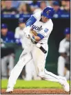  ??  ?? Kansas City Royals’ Nicky Lopez hits an RBI-double off New York Mets starting pitcher Noah Syndergaar­d during the fifth inning of a baseball game at Kauffman Stadium in Kansas City, Missouri on
Aug 16. (AP)