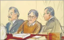  ?? ELIZABETH WILLIAMS ?? FILE - In this Tuesday, May 7, 2019, file courtroomd­rawing, defendant Keith Raniere, center, leader of the secretive group NXIVM, is seated between his attorneys Paul DerOhannes­ian, left, and Marc Agnifilo during the first day of his sex traffickin­g trial. Raniere, a self-improvemen­t guru whose organizati­on NXIVM attracted millionair­es and actresses among its adherents, faces sentencing Tuesday, Oct. 27, 2020, on conviction­s that he turned some female followers into sex slaves branded with his initials.