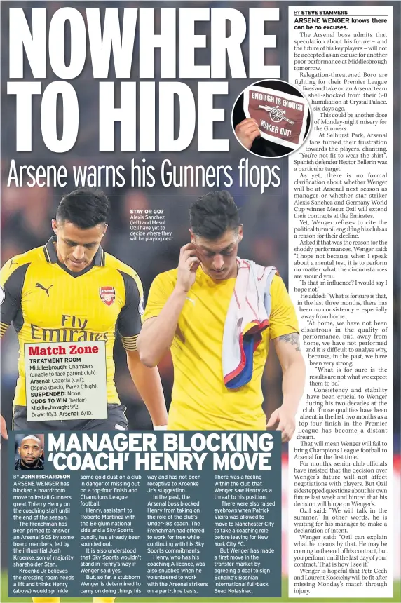  ??  ?? Chambers (unable to face parent club). Cazorla (calf), Ospina (back), Perez (thigh). None.
10/3.
9/2. 6/10. STAY OR GO? Alexis Sanchez (left) and Mesut Ozil have yet to decide where they will be playing next