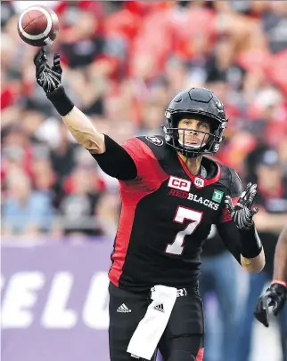  ?? THE CANADIAN PRESS FILES ?? Redblacks quarterbac­k Trevor Harris has thrown for an impressive 2,468 yards and 16 touchdowns through eight games but the team only has a 1-6-1 record to show for it.