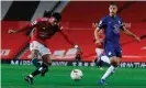  ?? Photograph: Phil Noble/AFP/ Getty Images ?? Marcus Rashford, who was largely frustrated by Chelsea’s defence at Old Trafford, takes a shot.