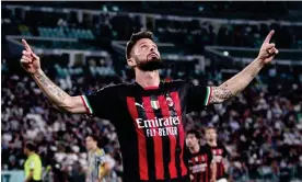  ?? Photograph: Matteo Bottanelli/NurPhoto/Shuttersto­ck ?? Olivier Giroud celebrates after his header for Milan secured a 1-0 win at Juventus and assured his side a top-four finish.