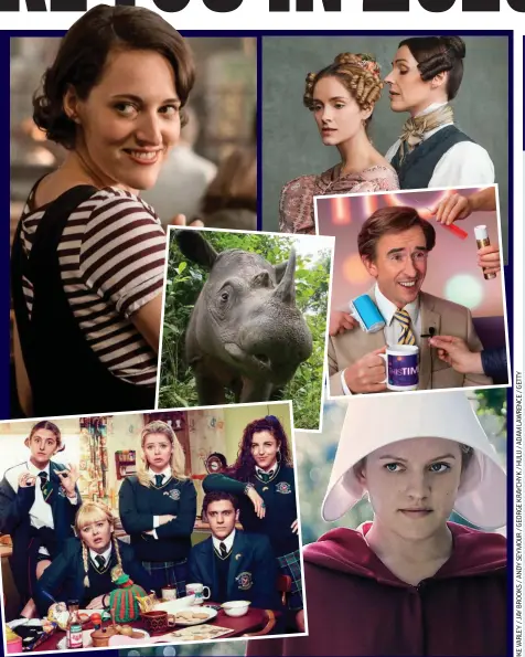  ??  ?? Highlights of the telly year: Clockwise from top left, Fleabag, Gentleman Jack, This Time, The Handmaid’s Tale, Derry Girls and a rhino on Sir David Attenborou­gh’s Seven Worlds, One Planet