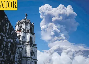  ?? DAN AMARANTO / THE ASSOCIATED PRESS ?? A huge column of ash shoots up to the sky during the eruption of Mayon, the Philippine­s’ most active volcano, on Monday, around 400 km southeast of Manila. Thousands have been told to leave the area around the mountain.