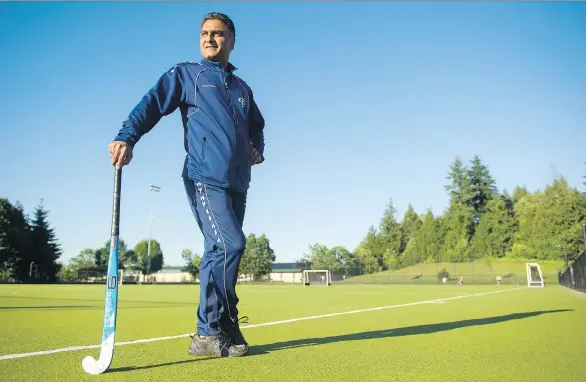  ?? GERRY KAHRMANN ?? Nick Sandhu, at Tamanawis Field in Surrey, found solace on the field hockey pitch when he arrived in Canada as a boy from Punjab. He went on to represent Canada at the Olympics in 1984 and 1988, and coach the team in 2008 in Beijing. “Field hockey is a big thing. Integratio­n is much easier. It’s about finding a common thing between this place and that place.”