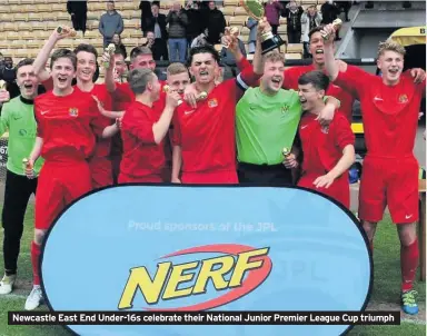  ??  ?? Newcastle East End Under-16s celebrate their National Junior Premier League Cup triumph